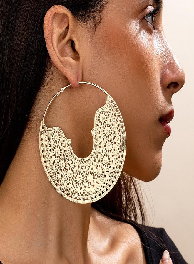 IS4U Chunky Metal Hoop Earrings Vintage Bohemian Textured Statement Earrings Gold Silver Oversized Polished Hollow Metal Circle Hoop Trendy 90s Geometric Round Dangle Drop Earrings Birthday Party Dress Christmas Jewelry for Women (Gold) - Image 2